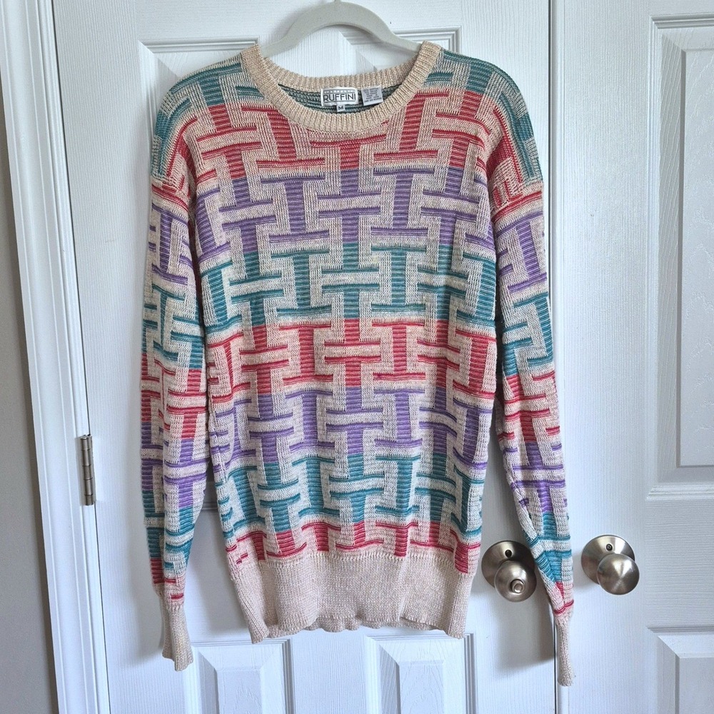 Vintage Gianfranco Ruffini linen blend sweater geometric multicolor mens M